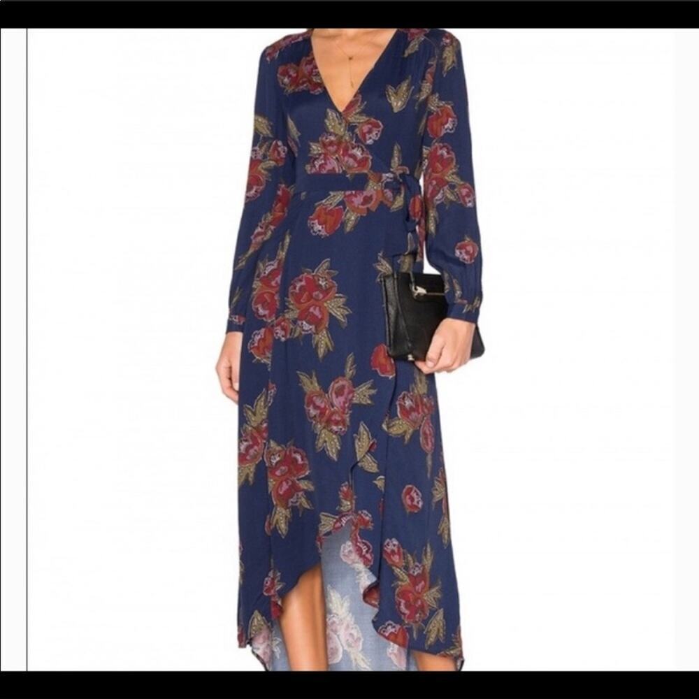 ASTR Isabel wrap dress in navy floral pattern